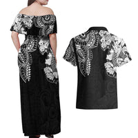 Japanese Irezumi and Hawaiian Polynesian Art Tattoo Couples Matching Off Shoulder Maxi Dress and Hawaiian Shirt Black Color - Wonder Print Shop