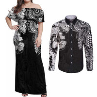 Japanese Irezumi and Hawaiian Polynesian Art Tattoo Couples Matching Off Shoulder Maxi Dress and Long Sleeve Button Shirt Black Color - Wonder Print Shop