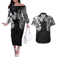 Japanese Irezumi and Hawaiian Polynesian Art Tattoo Couples Matching Off The Shoulder Long Sleeve Dress and Hawaiian Shirt Black Color - Wonder Print Shop