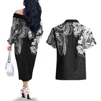Japanese Irezumi and Hawaiian Polynesian Art Tattoo Couples Matching Off The Shoulder Long Sleeve Dress and Hawaiian Shirt Black Color - Wonder Print Shop