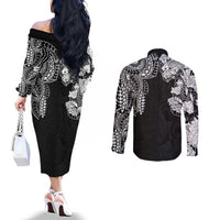 Japanese Irezumi and Hawaiian Polynesian Art Tattoo Couples Matching Off The Shoulder Long Sleeve Dress and Long Sleeve Button Shirt Black Color - Wonder Print Shop
