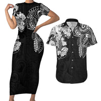Japanese Irezumi and Hawaiian Polynesian Art Tattoo Couples Matching Short Sleeve Bodycon Dress and Hawaiian Shirt Black Color - Wonder Print Shop