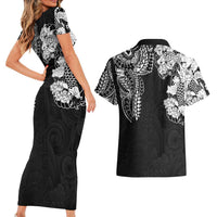 Japanese Irezumi and Hawaiian Polynesian Art Tattoo Couples Matching Short Sleeve Bodycon Dress and Hawaiian Shirt Black Color - Wonder Print Shop