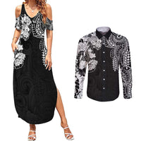 Japanese Irezumi and Hawaiian Polynesian Art Tattoo Couples Matching Summer Maxi Dress and Long Sleeve Button Shirt Black Color - Wonder Print Shop