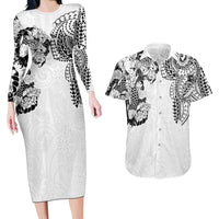 Japanese Irezumi and Hawaiian Polynesian Art Tattoo Couples Matching Long Sleeve Bodycon Dress and Hawaiian Shirt White Color - Wonder Print Shop
