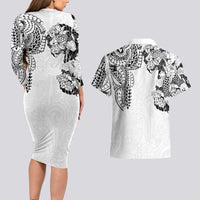 Japanese Irezumi and Hawaiian Polynesian Art Tattoo Couples Matching Long Sleeve Bodycon Dress and Hawaiian Shirt White Color - Wonder Print Shop
