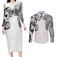 Japanese Irezumi and Hawaiian Polynesian Art Tattoo Couples Matching Long Sleeve Bodycon Dress and Long Sleeve Button Shirt White Color - Wonder Print Shop