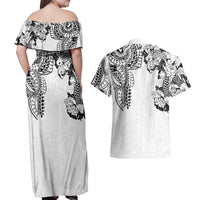 Japanese Irezumi and Hawaiian Polynesian Art Tattoo Couples Matching Off Shoulder Maxi Dress and Hawaiian Shirt White Color - Wonder Print Shop