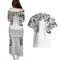 Japanese Irezumi and Hawaiian Polynesian Art Tattoo Couples Matching Puletasi and Hawaiian Shirt White Color - Wonder Print Shop