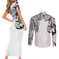 Japanese Irezumi and Hawaiian Polynesian Art Tattoo Couples Matching Short Sleeve Bodycon Dress and Long Sleeve Button Shirt White Color - Wonder Print Shop