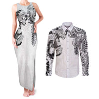 Japanese Irezumi and Hawaiian Polynesian Art Tattoo Couples Matching Tank Maxi Dress and Long Sleeve Button Shirt White Color - Wonder Print Shop