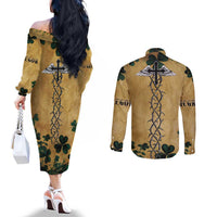 The Irishman-Notorious Couples Matching Off The Shoulder Long Sleeve Dress and Long Sleeve Button Shirt Old School Tattoos and Shamrocks Grunge Style