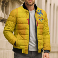 Custom Ukraine National Football Bomber Puffer Jacket Vyshyvanka Inspired Geometry - Wonder Print Shop