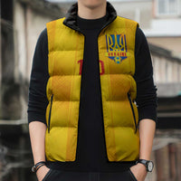 Custom Ukraine National Football Sleeveless Puffer Jacket Vyshyvanka Inspired Geometry - Wonder Print Shop