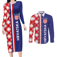 Croatia Hrvatska Checkerboard Half Style Couples Matching Long Sleeve Bodycon Dress and Long Sleeve Button Shirt