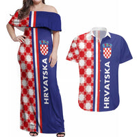 Croatia Hrvatska Checkerboard Half Style Couples Matching Off Shoulder Maxi Dress and Hawaiian Shirt