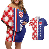Croatia Hrvatska Checkerboard Half Style Couples Matching Off Shoulder Short Dress and Hawaiian Shirt