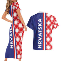 Croatia Hrvatska Checkerboard Half Style Couples Matching Short Sleeve Bodycon Dress and Hawaiian Shirt