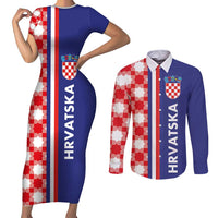 Croatia Hrvatska Checkerboard Half Style Couples Matching Short Sleeve Bodycon Dress and Long Sleeve Button Shirt