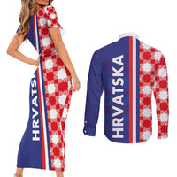 Croatia Hrvatska Checkerboard Half Style Couples Matching Short Sleeve Bodycon Dress and Long Sleeve Button Shirt