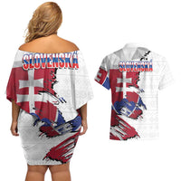 Slovakia Couples Matching Off Shoulder Short Dress and Hawaiian Shirt Flag Grunge Half Style with Slovak Pattern