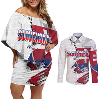 Slovakia Couples Matching Off Shoulder Short Dress and Long Sleeve Button Shirt Flag Grunge Half Style with Slovak Pattern
