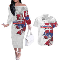 Slovakia Couples Matching Off The Shoulder Long Sleeve Dress and Hawaiian Shirt Flag Grunge Half Style with Slovak Pattern