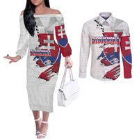 Slovakia Couples Matching Off The Shoulder Long Sleeve Dress and Long Sleeve Button Shirt Flag Grunge Half Style with Slovak Pattern