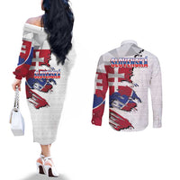 Slovakia Couples Matching Off The Shoulder Long Sleeve Dress and Long Sleeve Button Shirt Flag Grunge Half Style with Slovak Pattern