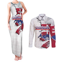 Slovakia Couples Matching Tank Maxi Dress and Long Sleeve Button Shirt Flag Grunge Half Style with Slovak Pattern