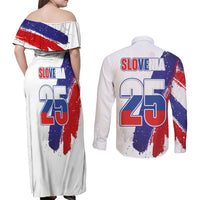 Slovenia Statehood Day Couples Matching Off Shoulder Maxi Dress and Long Sleeve Button Shirt 25 June National Flag Color Brush Stroke Style