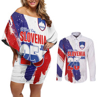 Slovenia Statehood Day Couples Matching Off Shoulder Short Dress and Long Sleeve Button Shirt 25 June National Flag Color Brush Stroke Style