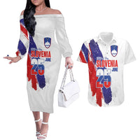 Slovenia Statehood Day Couples Matching Off The Shoulder Long Sleeve Dress and Hawaiian Shirt 25 June National Flag Color Brush Stroke Style