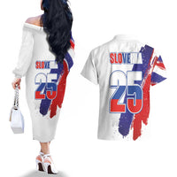 Slovenia Statehood Day Couples Matching Off The Shoulder Long Sleeve Dress and Hawaiian Shirt 25 June National Flag Color Brush Stroke Style