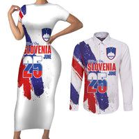Slovenia Statehood Day Couples Matching Short Sleeve Bodycon Dress and Long Sleeve Button Shirt 25 June National Flag Color Brush Stroke Style