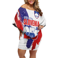 Slovenia Statehood Day Off Shoulder Short Dress 25 June National Flag Color Brush Stroke Style
