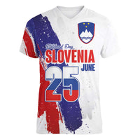 Slovenia Statehood Day Women V-Neck T-Shirt 25 June National Flag Color Brush Stroke Style