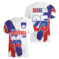 Slovenia Statehood Day Women V-Neck T-Shirt 25 June National Flag Color Brush Stroke Style