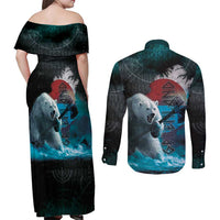 Greenlandic Polar Bear Warrior Couples Matching Off Shoulder Maxi Dress and Long Sleeve Button Shirt Nordic and Runes Style - Wonder Print Shop