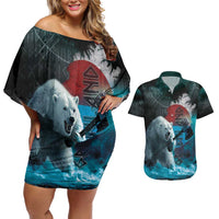 Greenlandic Polar Bear Warrior Couples Matching Off Shoulder Short Dress and Hawaiian Shirt Nordic and Runes Style - Wonder Print Shop