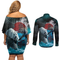 Greenlandic Polar Bear Warrior Couples Matching Off Shoulder Short Dress and Long Sleeve Button Shirt Nordic and Runes Style - Wonder Print Shop