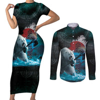 Greenlandic Polar Bear Warrior Couples Matching Short Sleeve Bodycon Dress and Long Sleeve Button Shirt Nordic and Runes Style - Wonder Print Shop