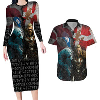 Greenlandic and Danish Together Couples Matching Long Sleeve Bodycon Dress and Hawaiian Shirt Polar Warrior Vikings with National Flag Grunge Style - Wonder Print Shop