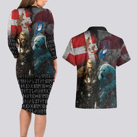 Greenlandic and Danish Together Couples Matching Long Sleeve Bodycon Dress and Hawaiian Shirt Polar Warrior Vikings with National Flag Grunge Style - Wonder Print Shop