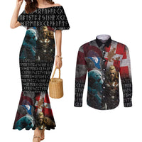 Greenlandic and Danish Together Couples Matching Mermaid Dress and Long Sleeve Button Shirt Polar Warrior Vikings with National Flag Grunge Style - Wonder Print Shop