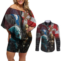 Greenlandic and Danish Together Couples Matching Off Shoulder Short Dress and Long Sleeve Button Shirt Polar Warrior Vikings with National Flag Grunge Style - Wonder Print Shop