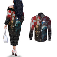 Greenlandic and Danish Together Couples Matching Off The Shoulder Long Sleeve Dress and Long Sleeve Button Shirt Polar Warrior Vikings with National Flag Grunge Style - Wonder Print Shop