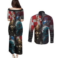 Greenlandic and Danish Together Couples Matching Puletasi and Long Sleeve Button Shirt Polar Warrior Vikings with National Flag Grunge Style - Wonder Print Shop