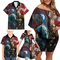 Greenlandic and Danish Together Family Matching Off Shoulder Short Dress and Hawaiian Shirt Polar Warrior Vikings with National Flag Grunge Style - Wonder Print Shop
