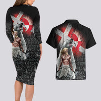 Greenlandic and Danish Together Couples Matching Long Sleeve Bodycon Dress and Hawaiian Shirt Viking Warrior with Polar Bear Roar - Wonder Print Shop